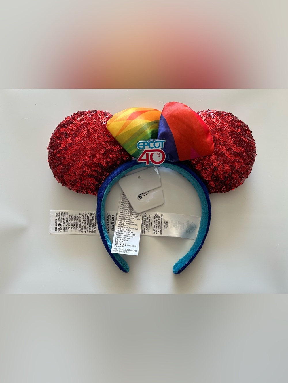 Disney EPCOT 40 Red Sequin Minnie Ears Headband with Rainbow Bow